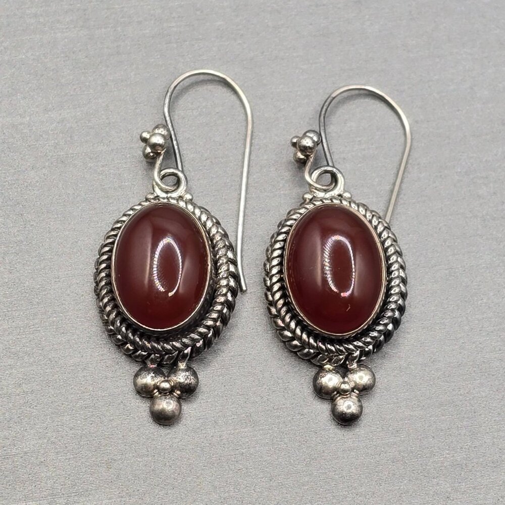 Sterling Silver Carnelian Dangle Earrings 1.5" Rope Accent Signed BA Drop Style - Picture 2 of 7